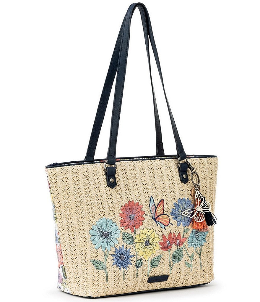 Sakroots Meadow Medium Zip Top Floral Canvas Straw Tote