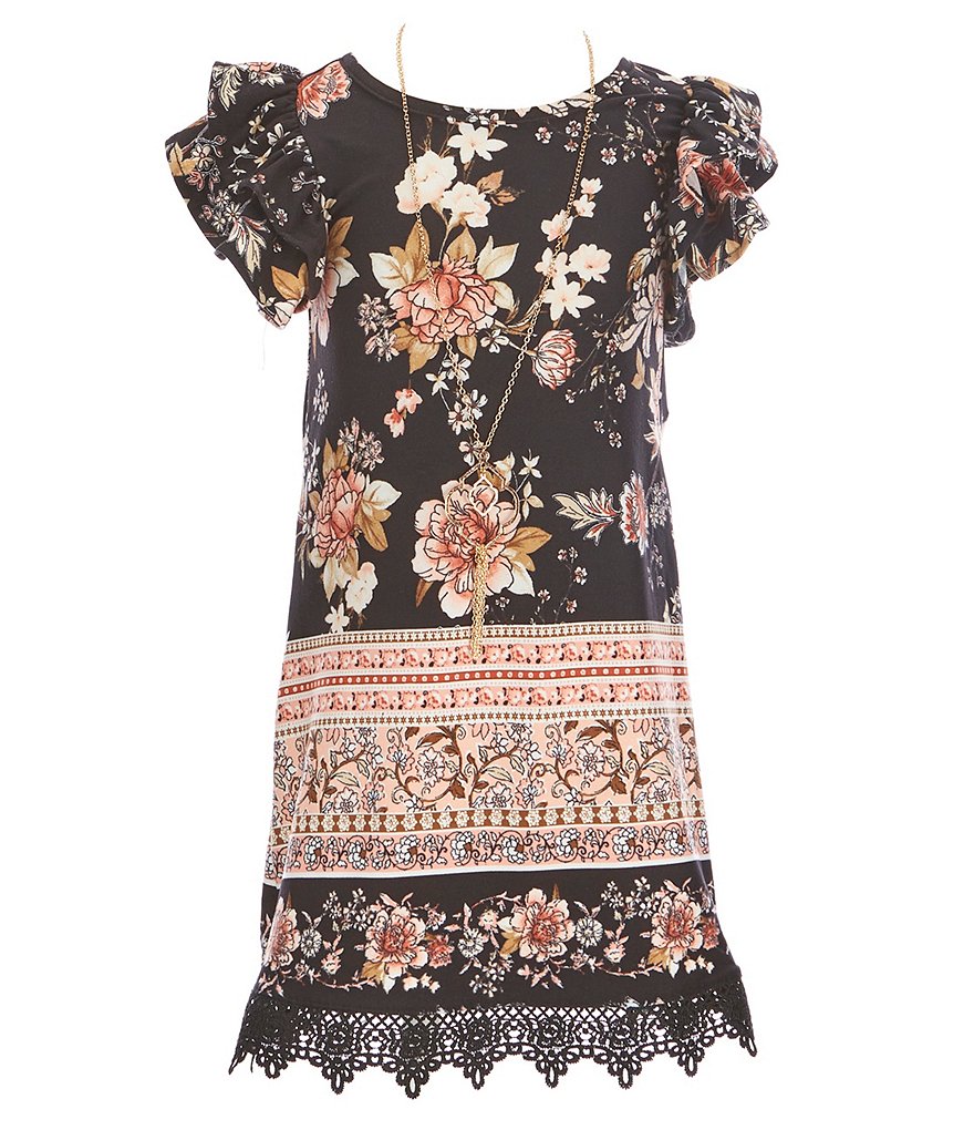 Rare Editions Big Girls 7-16 Flutter Short-Sleeve Yummy Border Print Shift Dress