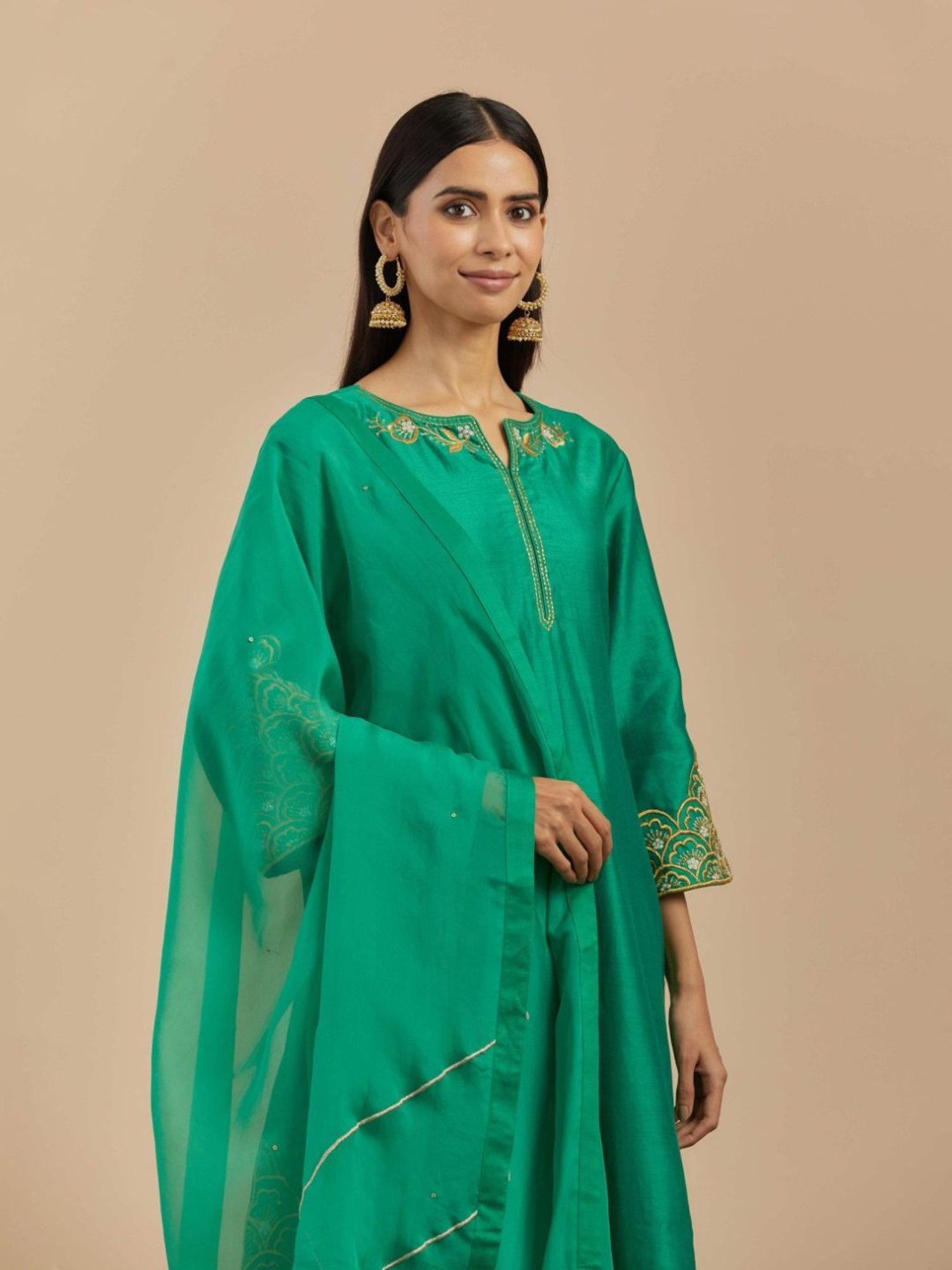 Priya Chaudhary Green Preet Embroidered Chanderi Silk Kurta