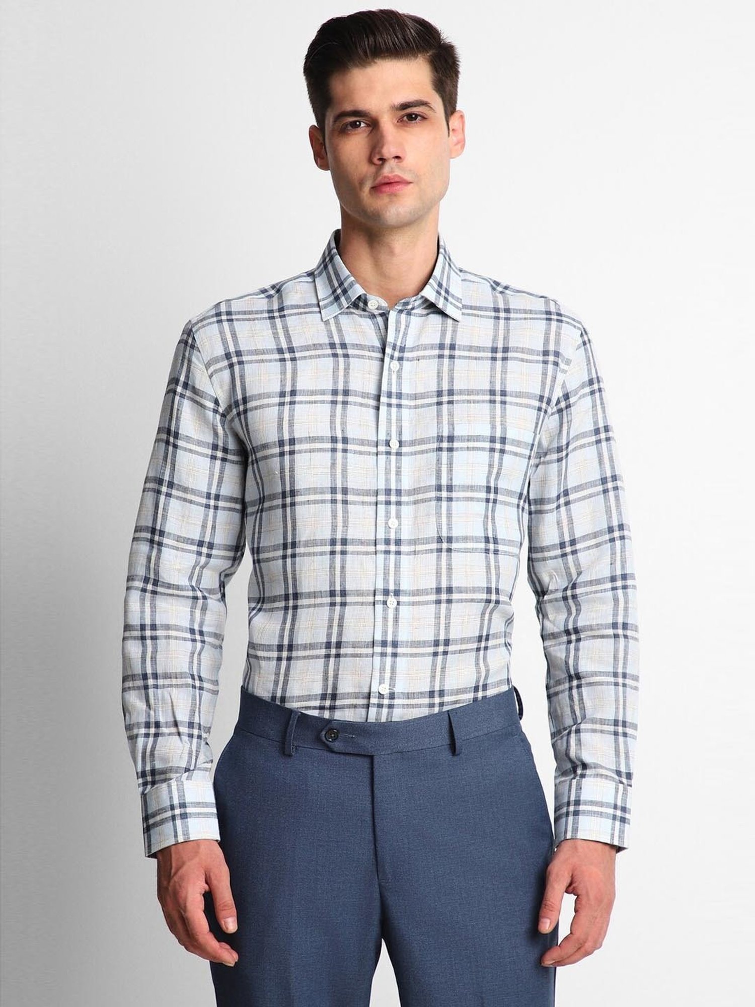 Luxure By Louis Philippe White Linen Regular Fit Checks Shirt