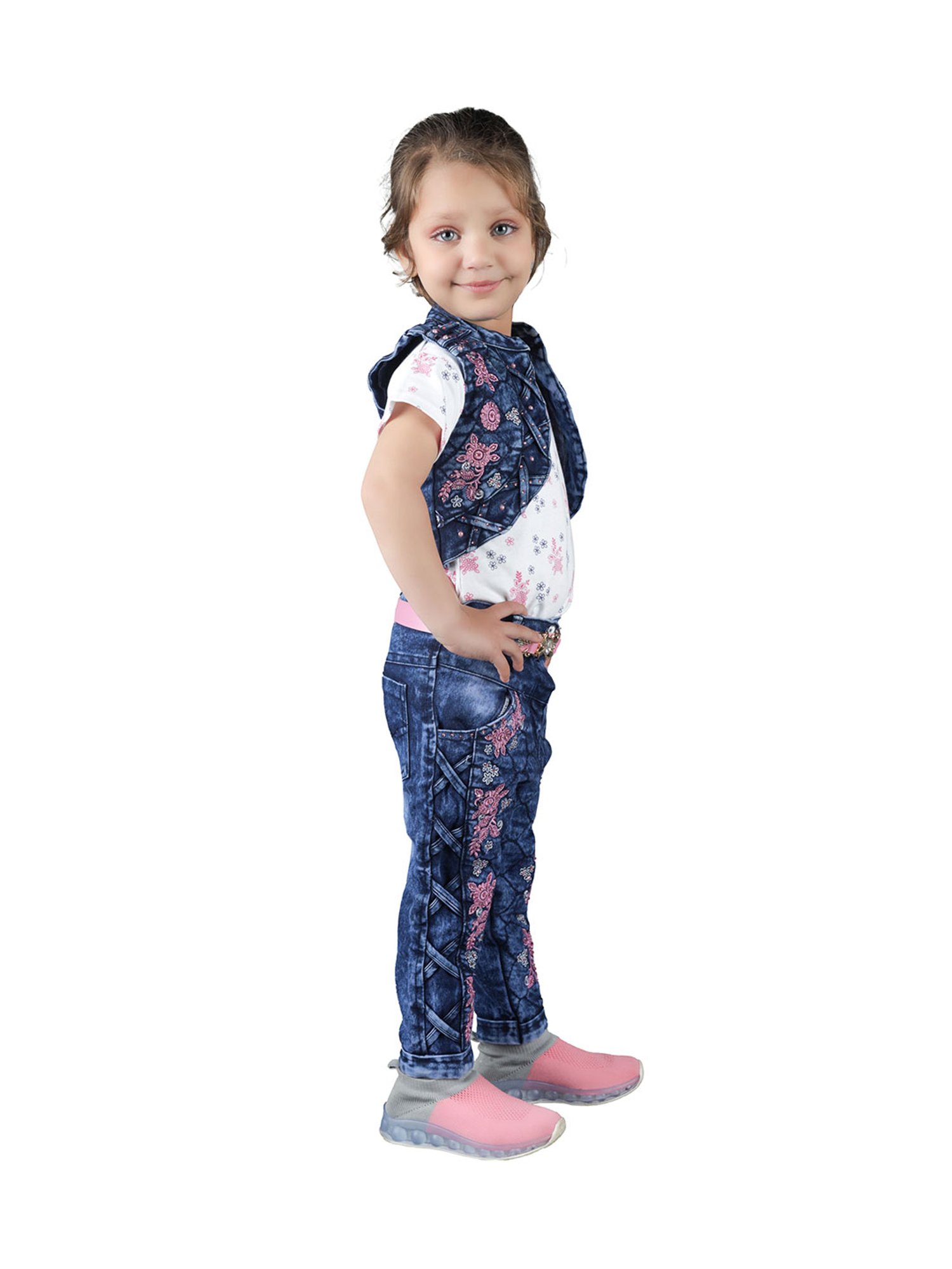Ahhaaaa Kids White & Blue Printed Top, Jeans, Jacket with Belt