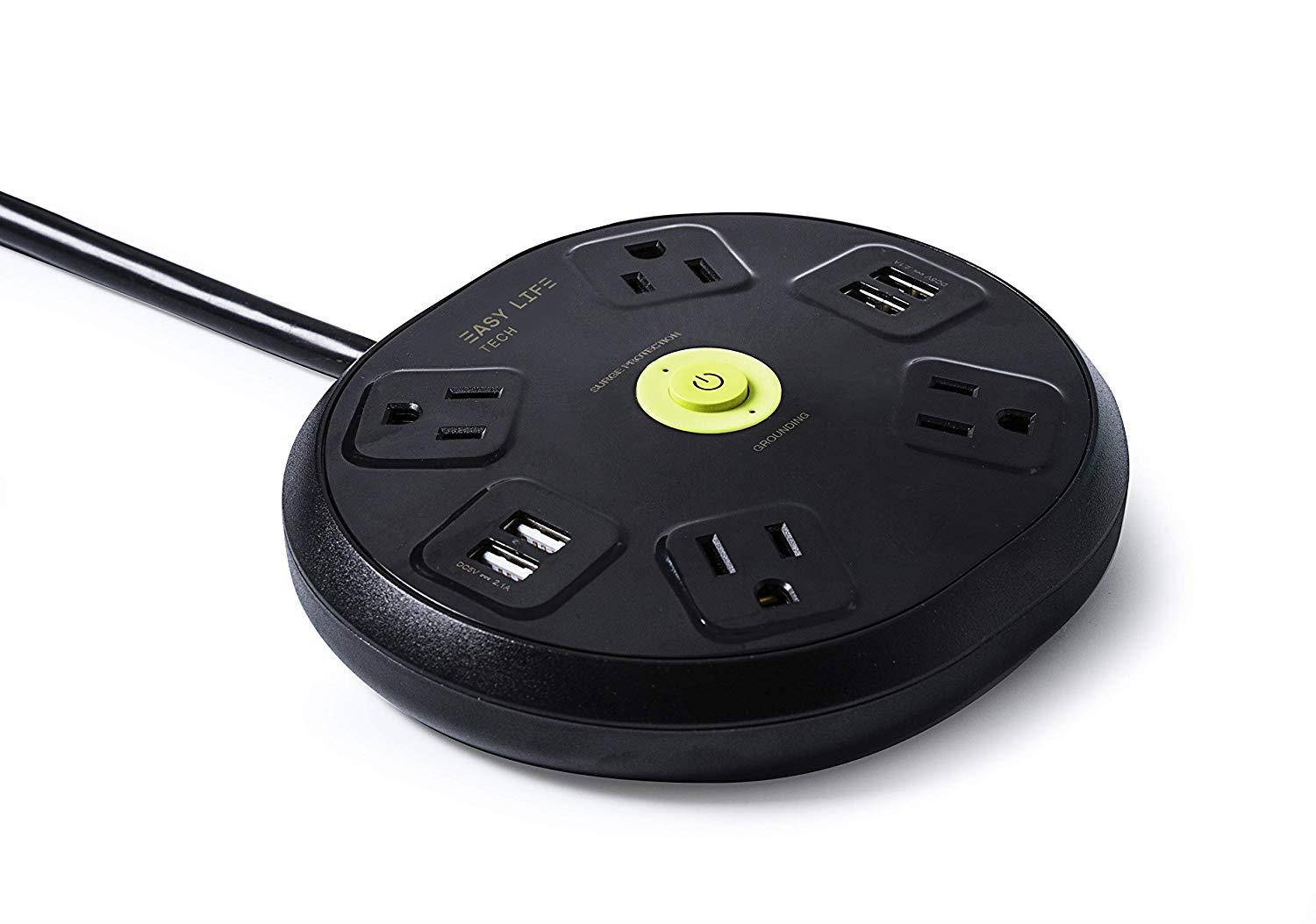 Easylife Tech Round Surge Protector Strip with 4 AC Outlets and 4 USB Ports 15 A / 125 V and 6 ft Heavy Duty Power Cord 1200 J Surge Protection &ndash; ETL Listed - Black