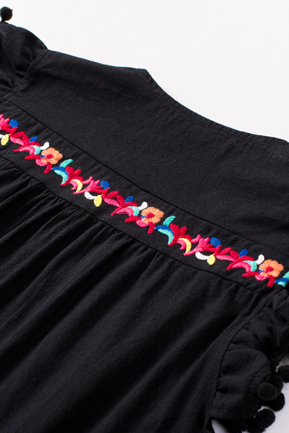 Black Pom Pom A Line Ruffled Sleeveless Short Dress