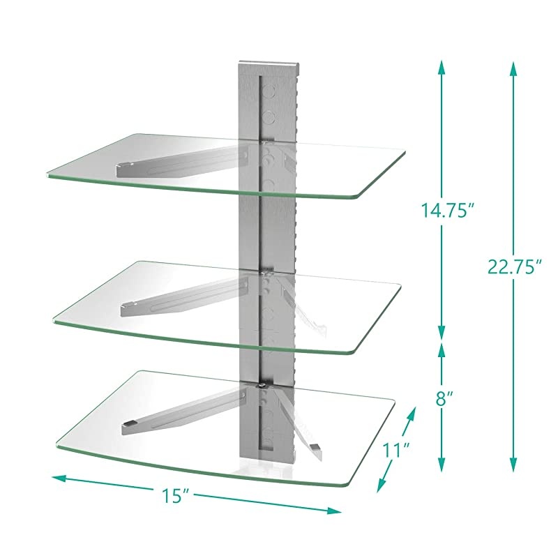 CS303S Floating Wall Mounted Shelf with Transparent Strengthened Tempered Glass for DVD Players, Cable Boxes, Games Consoles, TV Accessories, 3 Shelf, Silver