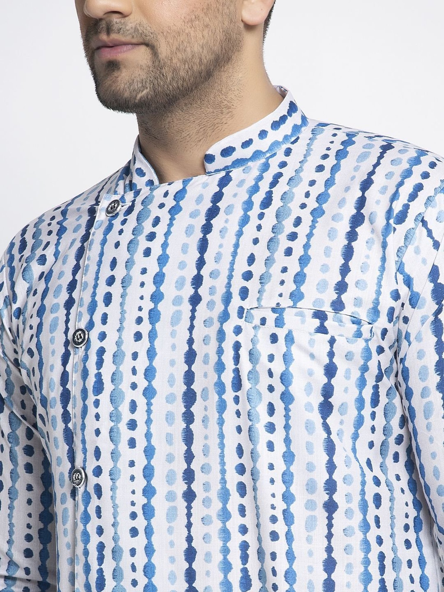 Benstoke Blue & White Cotton Regular Fit Printed Kurta Set