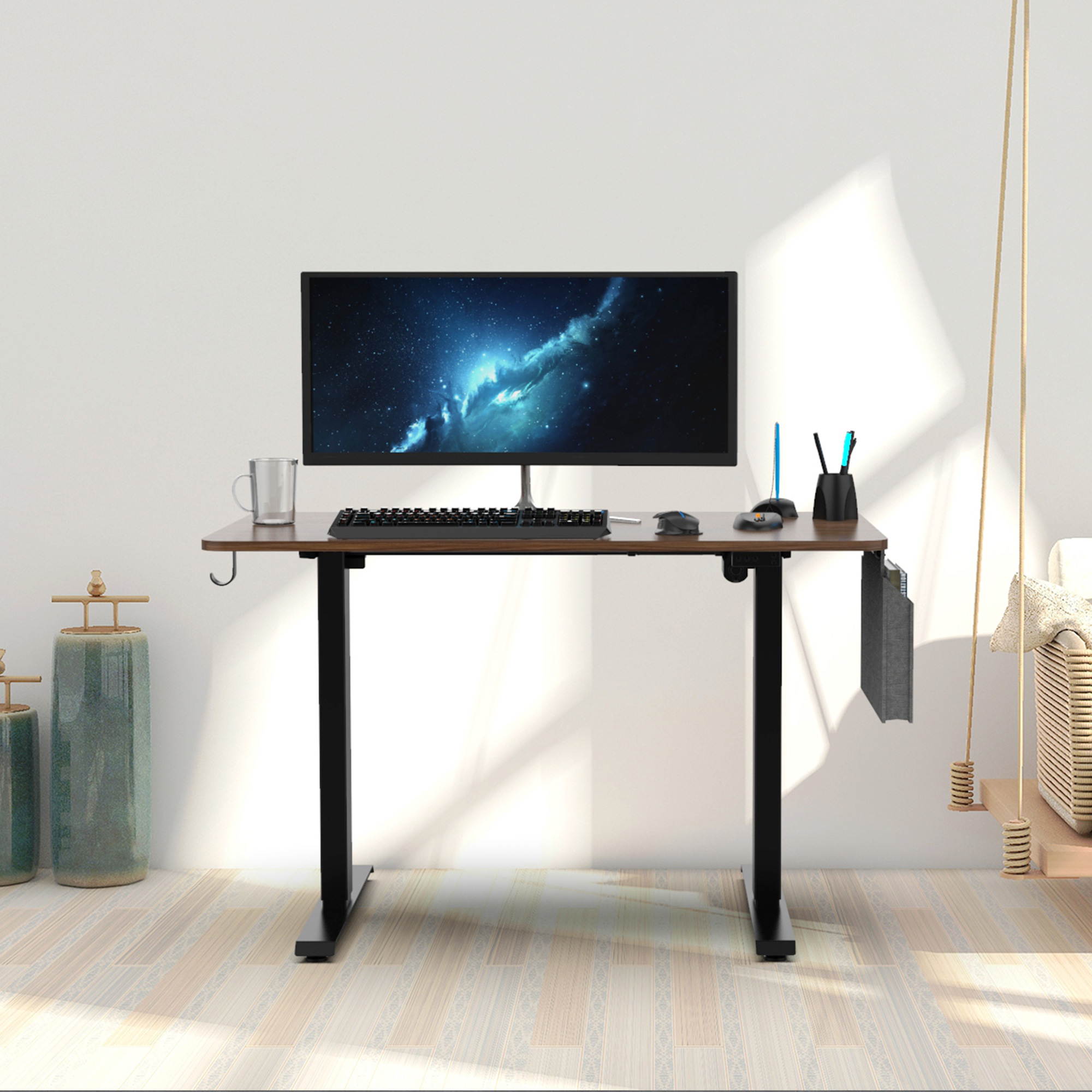 48" Height Adjustable Electric Gaming Desk Home Office Table with Headset Hook and Storage Bag