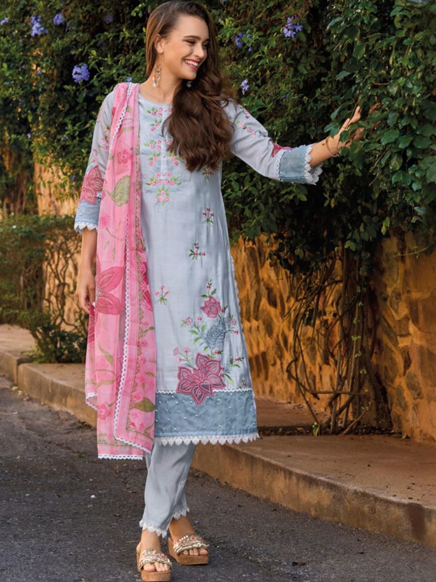 Autumnlane Afia Softblue Full Work Pakistani Kurta with Pant and Dupatta