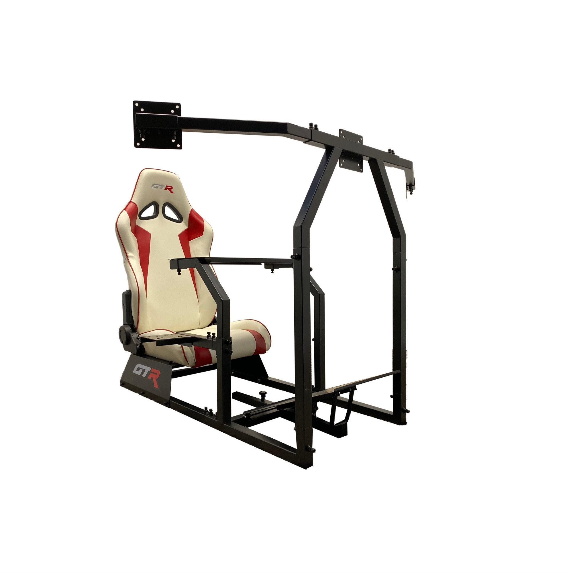 GTR Racing Simulator GTAF-BLK-S105LWHTRD - GTA-F Model (Black) Triple or Single Monitor Stand with White/Red Adjustable Leatherette Seat, Racing Simulator Cockpit gaming chair Single Monitor Stand