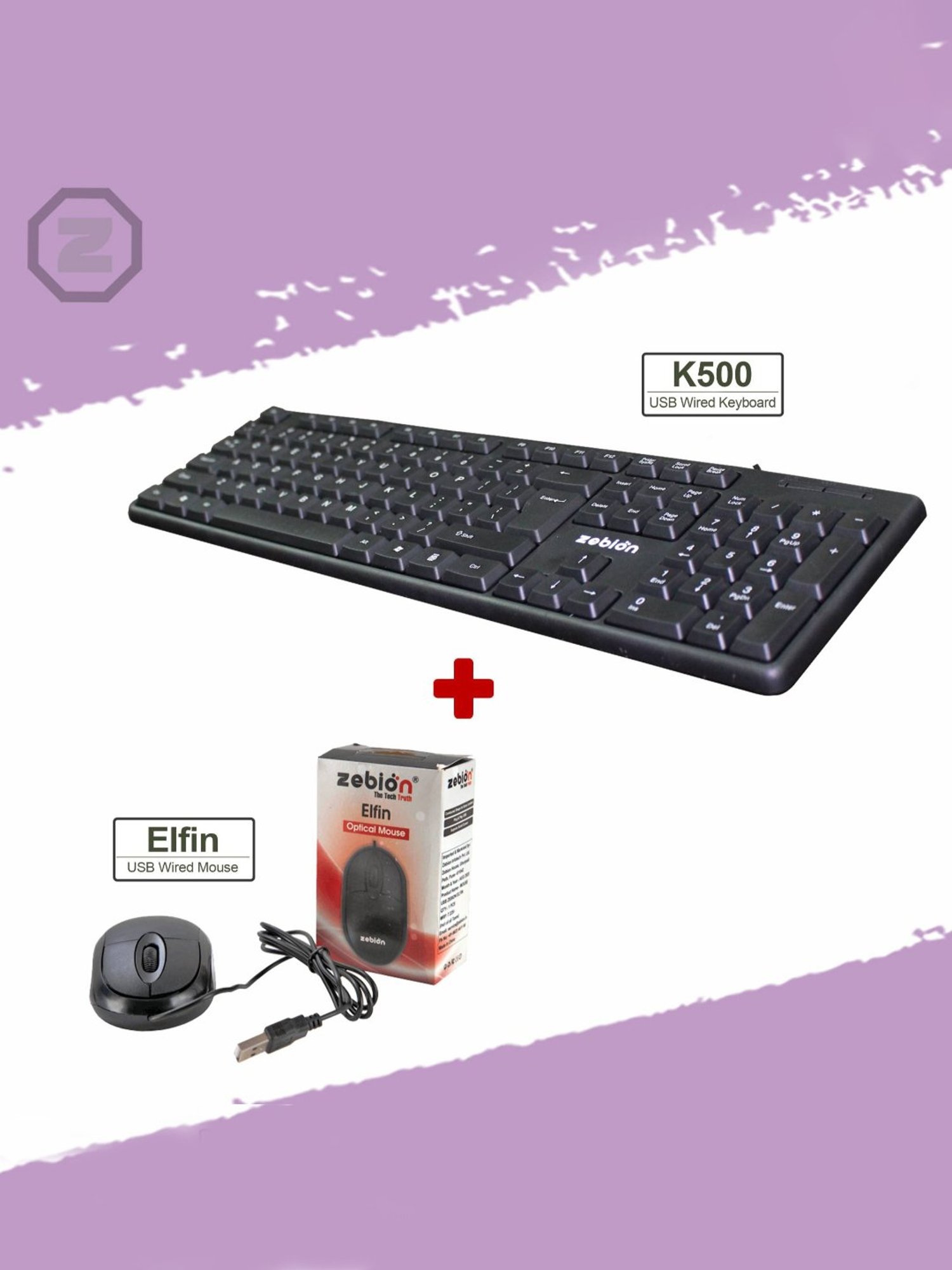 Zebion K500 Wired USB Desktop Keyboard & Elfin Mouse Combo (Black)