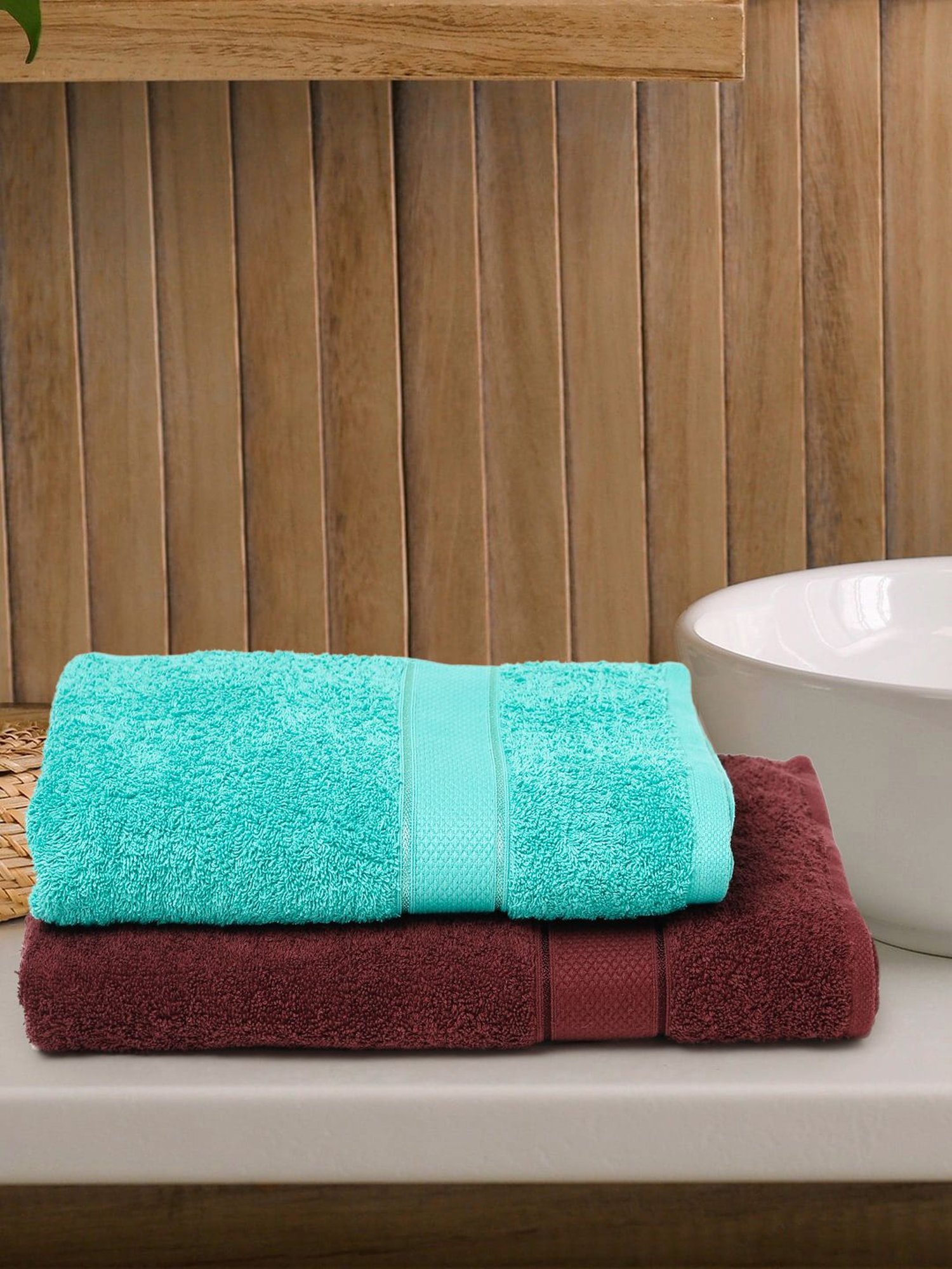 Creeva Wine & Sea Green 525 GSM Cotton Bath Towel Set of 2