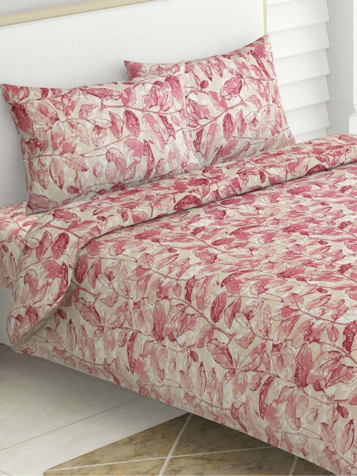 Haus & Kinder Cotton 186 TC Leafy Oasis Pink Printed Double Bedsheet with 2 Pillow Covers