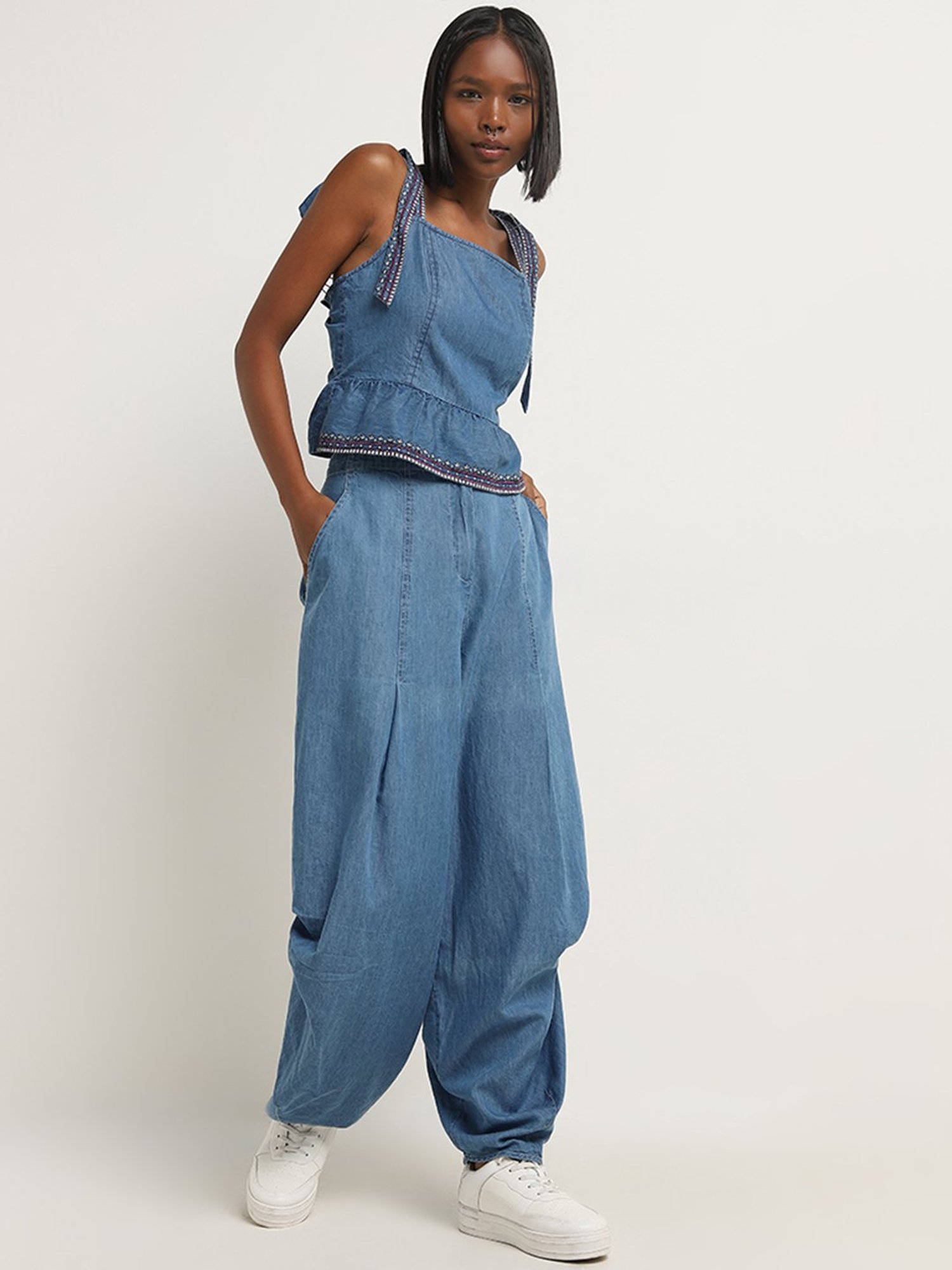 Bombay Paisley by Westside Blue Peplum Denim Top