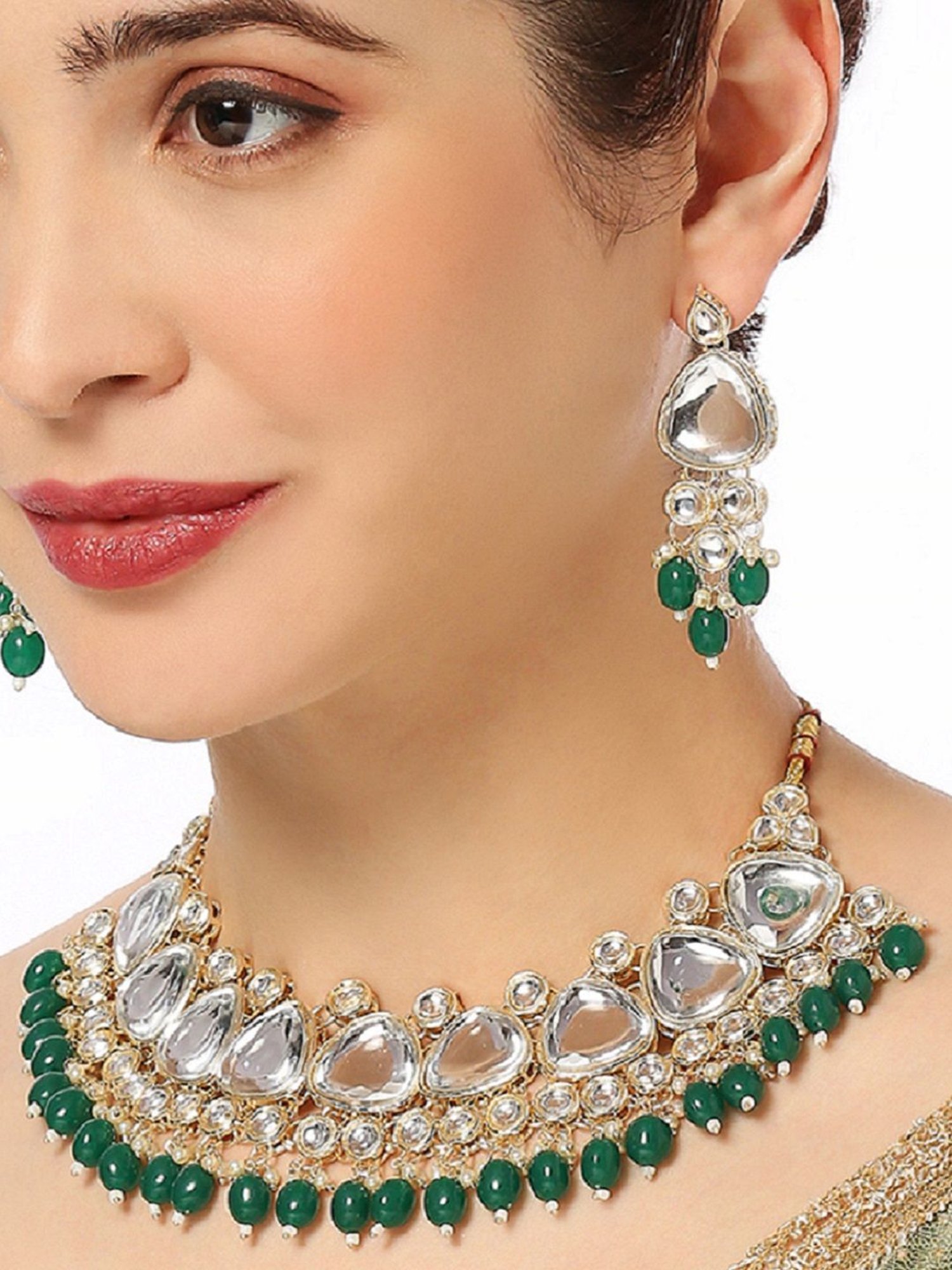 OOMPH Green Beads & Kundan Wedding Bridal Ethnic Choker Necklace Set for Women