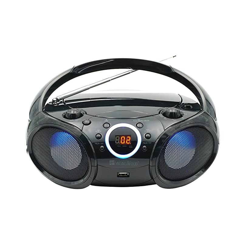 CD Player Boombox CDCDRCDRW Portable wBluetooth USB AMFM Radio Aux LineInput Headset Jack Foldable Carrying Handle and LED Light Phantom Black