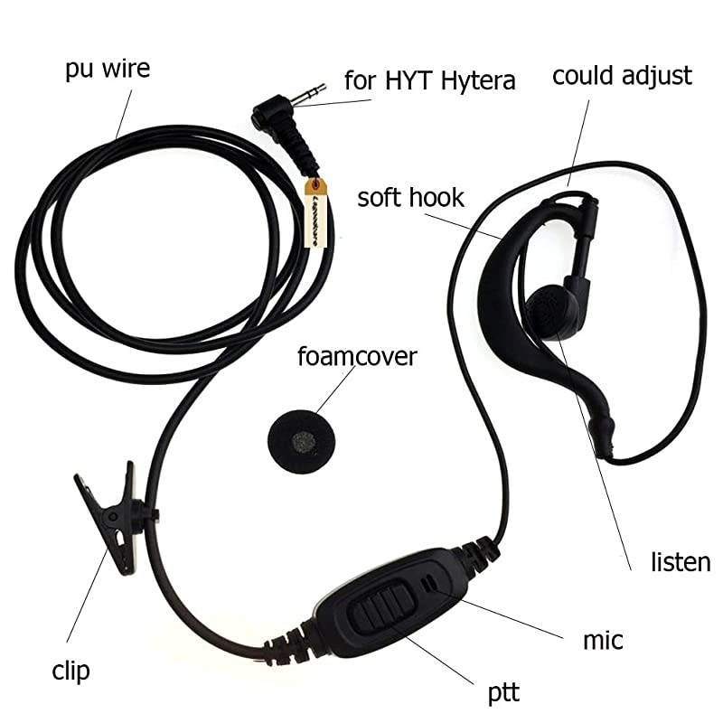 1 Pin G Shape Earhook Earpiece Headset PTT and Mic Compatible for HYT Hytera Two Way Radio TC1688 TC310 TC1688 TC310 TC320 etcMotorola Walkie Talkie Pack of 5 By