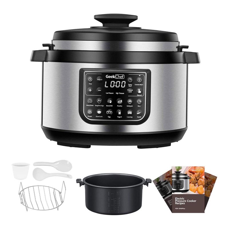 Geek Chef GP80 Plus 12 in 1 Electric 8 Quart Oval Pressure Cooker Sous Vide Digital Slow Cooker with EZ Lock Lid, Accessories, and LCD Display