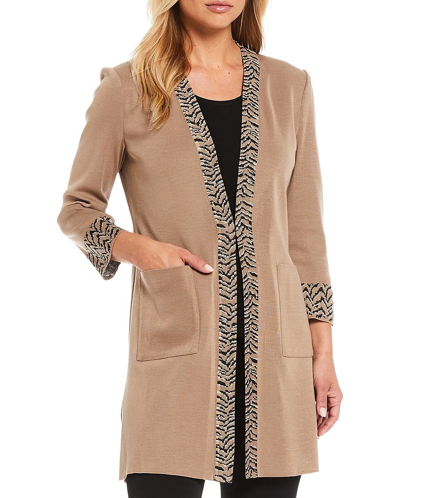 Ming Wang Animal Jacquard Trim Long Knit Jacket