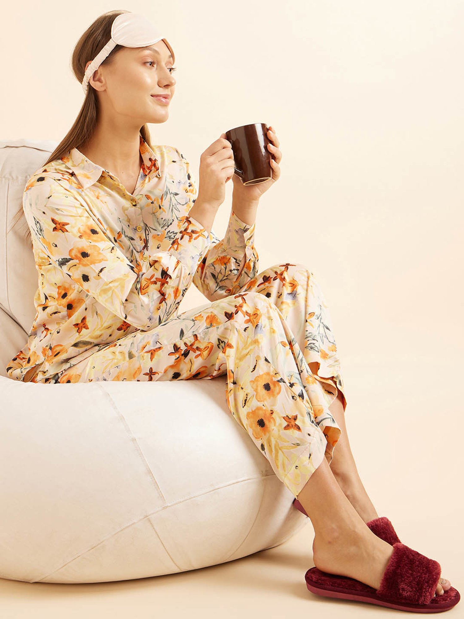 Sweet Dreams Light Pink Satin Printed Shirt With Pyjamas