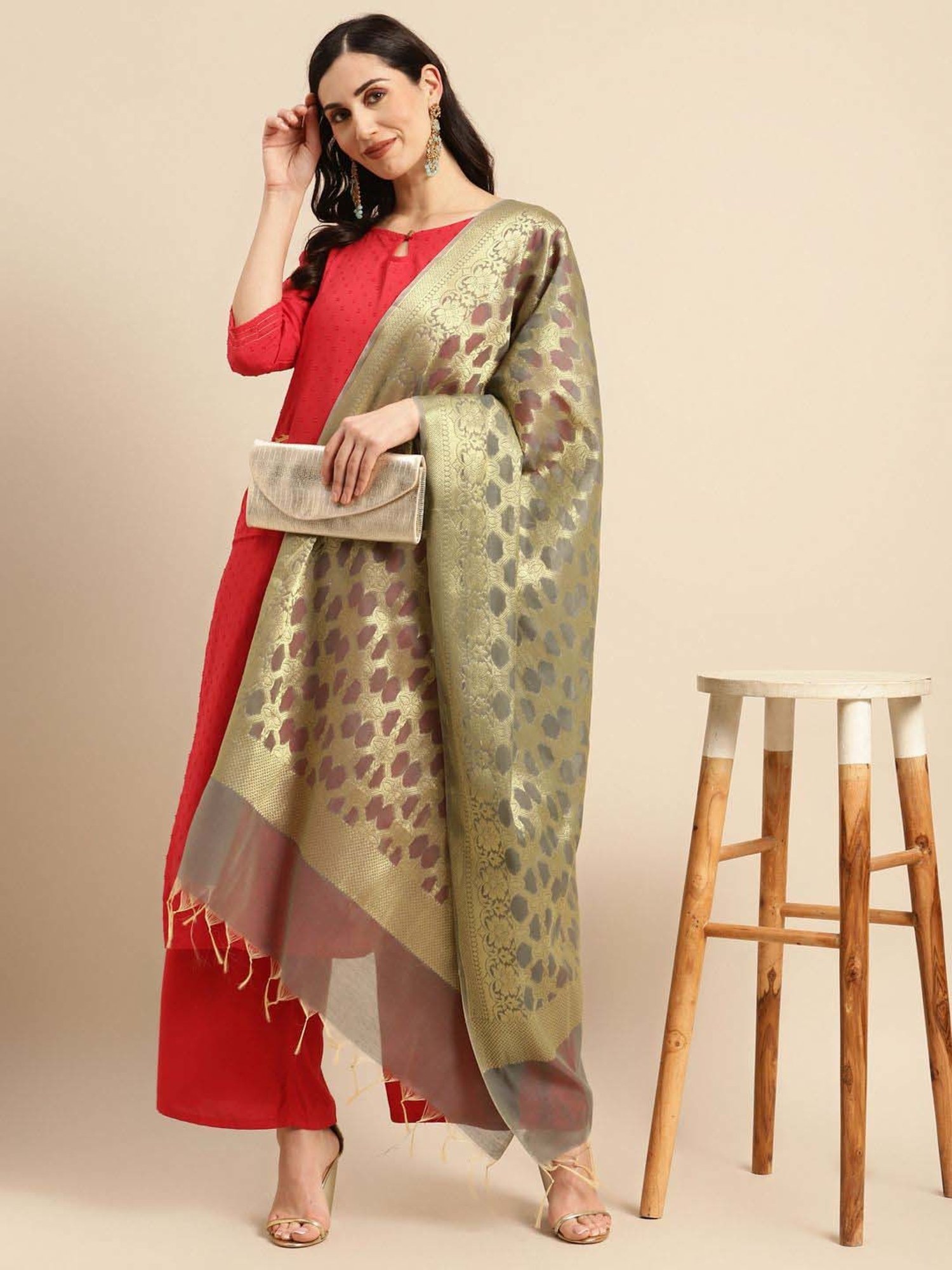 Banarasi Style Grey Cotton Woven Pattern Dupatta