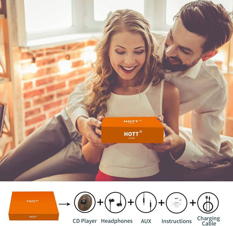 HOTT CD611 Portable CD Player for Home Travel and Car with Stereo Headphones, Anti-Shock ,Wood Grain Pattern