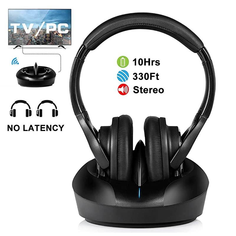 TV Headphones Over Ear HeadsetsRF Transmitter Charging Dock HiFi Stereo Cordless Headphones for TV Adjustable Lightweight Rechargeable 10Hrs Battery for Hard of Hearing 330ft Black