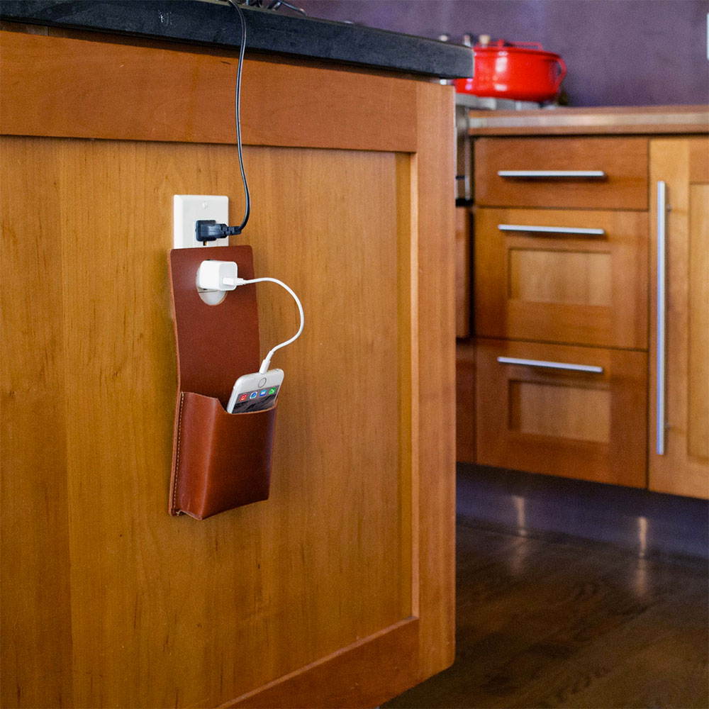 Quick Draw Genuine Leather Charging Holster - Outlet Suspended/Wall Mount Phone Cradle Stand. Solo/Single Style - Handmade in California