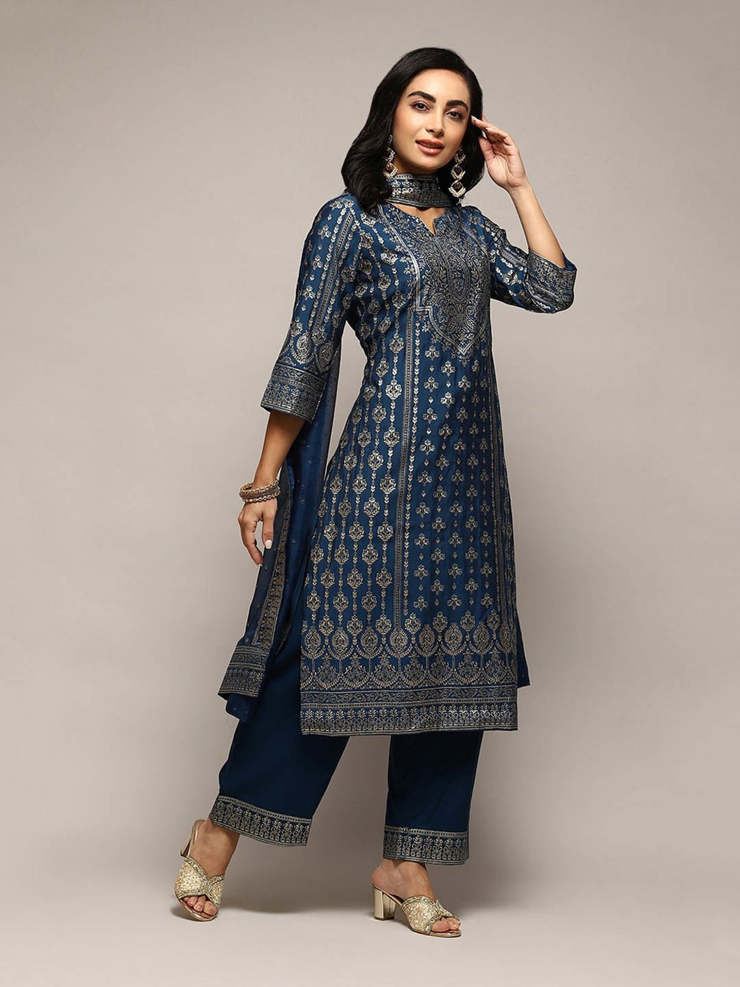 Biba Teal Printed Kurta With Palazzo & Dupatta