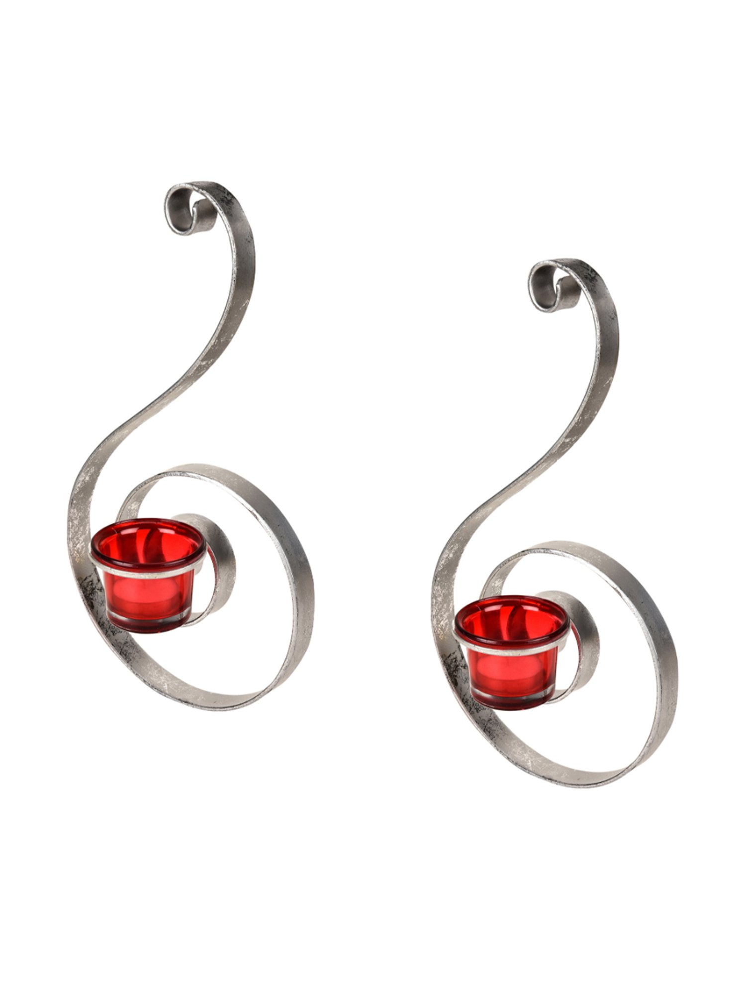 Hosley Silver Decorative Wall Sconce and Free Tealights with Red Glass Set of - 2