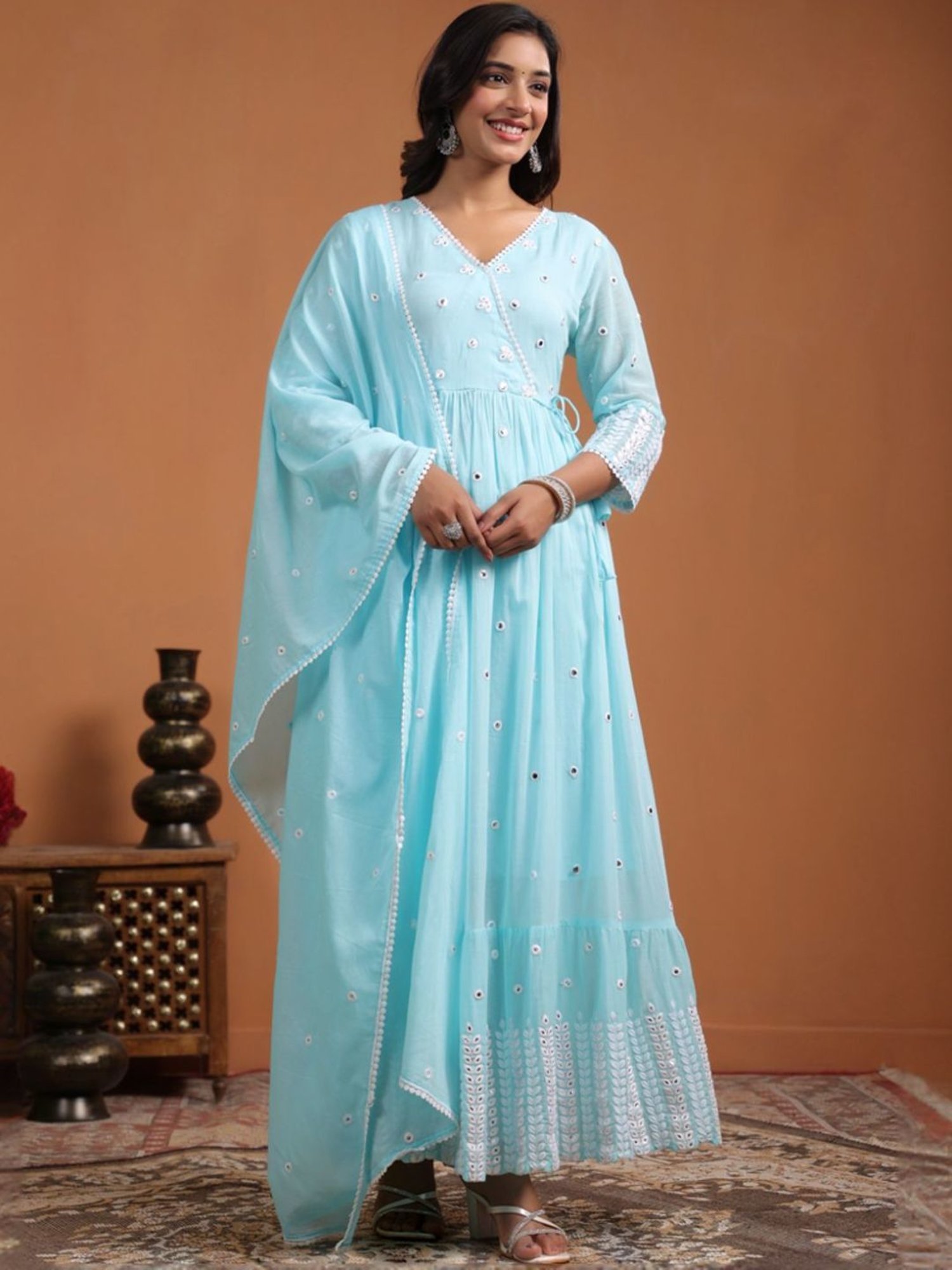 SCAKHI Aqua Blue Mulmul Foilage Mirror Embroidered Angrakha Kurta With Pants And Dupatta