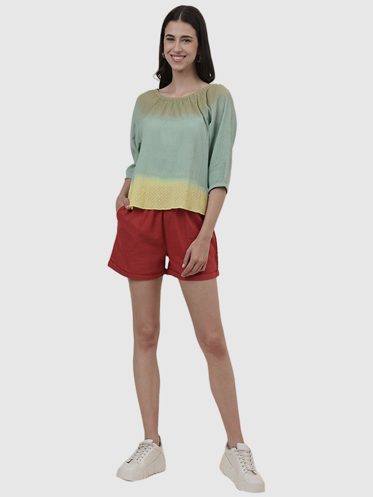 Fabindia Green & Yellow Cotton Tie & Dye Top