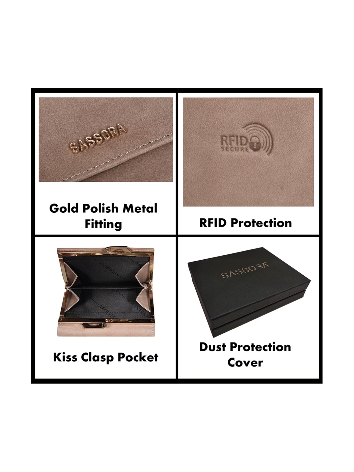 SASSORA Beige Solid Rfid Tri-Fold Wallet for Women