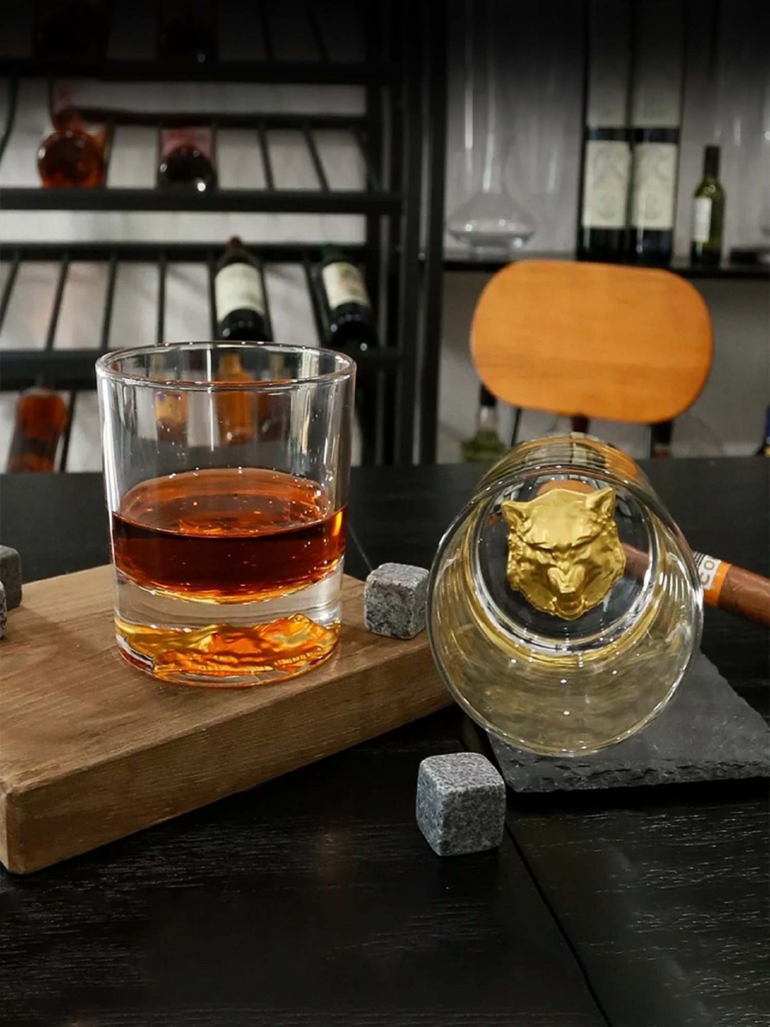 Melbify Gold Wolf Transparent Whiskey Glass 300ml - Set of 2