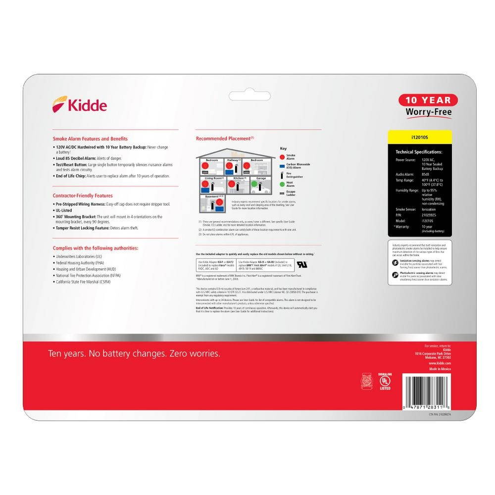 Kidde Home Safety 21010407-A 85 dB 120 Volt 9 Volt Battery Sealed Lithium-Ion AC/DC Wire-In Smoke Alarm