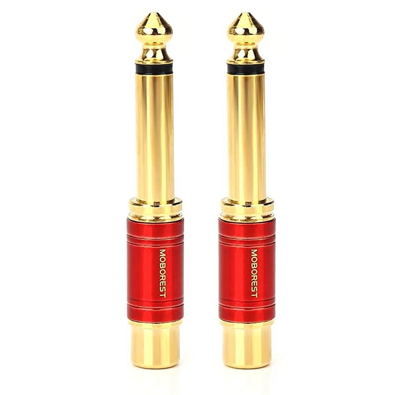 1/4 in to RCA Female Pure Copper Adapter, 6.35mm Mono TS Plug Male 1/4 inch to RCA Female Stereo Interconnect Audio Adapter, (Red-2Pack)