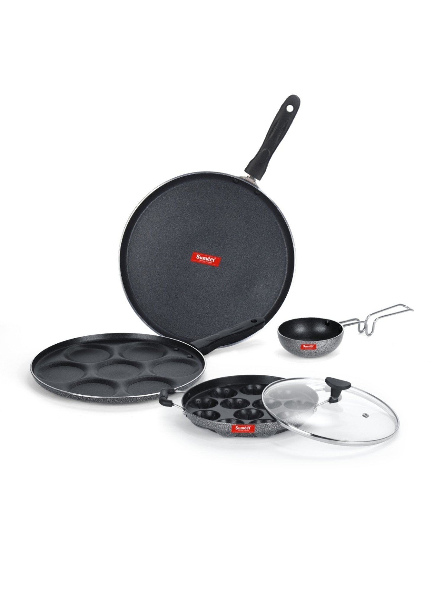 Sumeet NonStick Cookware Set(Dosa Tawa+Multi Snack Maker+Grill Appam Patra with Glass Lid+Tadka pan)