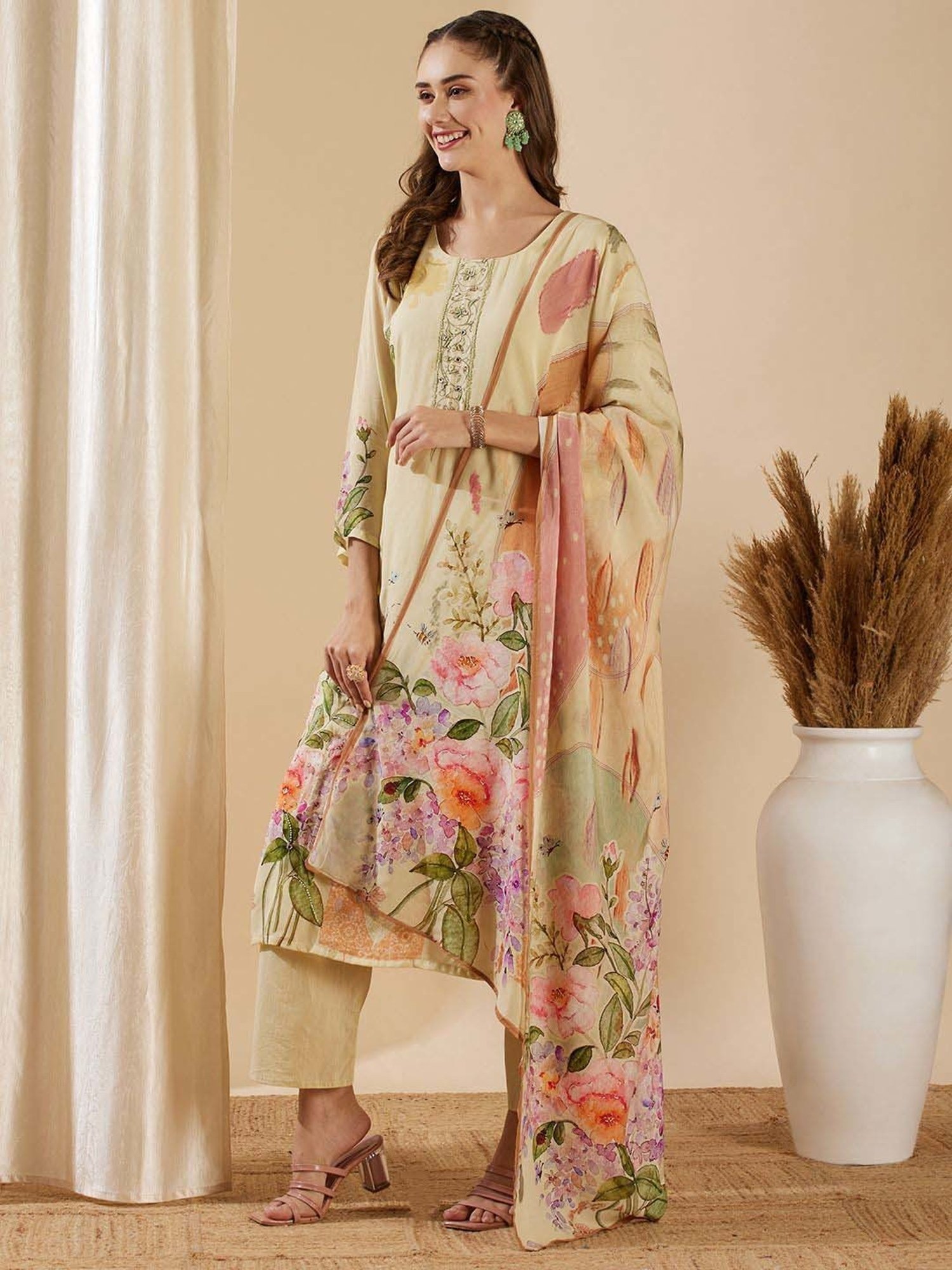 Fashor Cream Embroidered Kurta & Pant Set With Dupatta