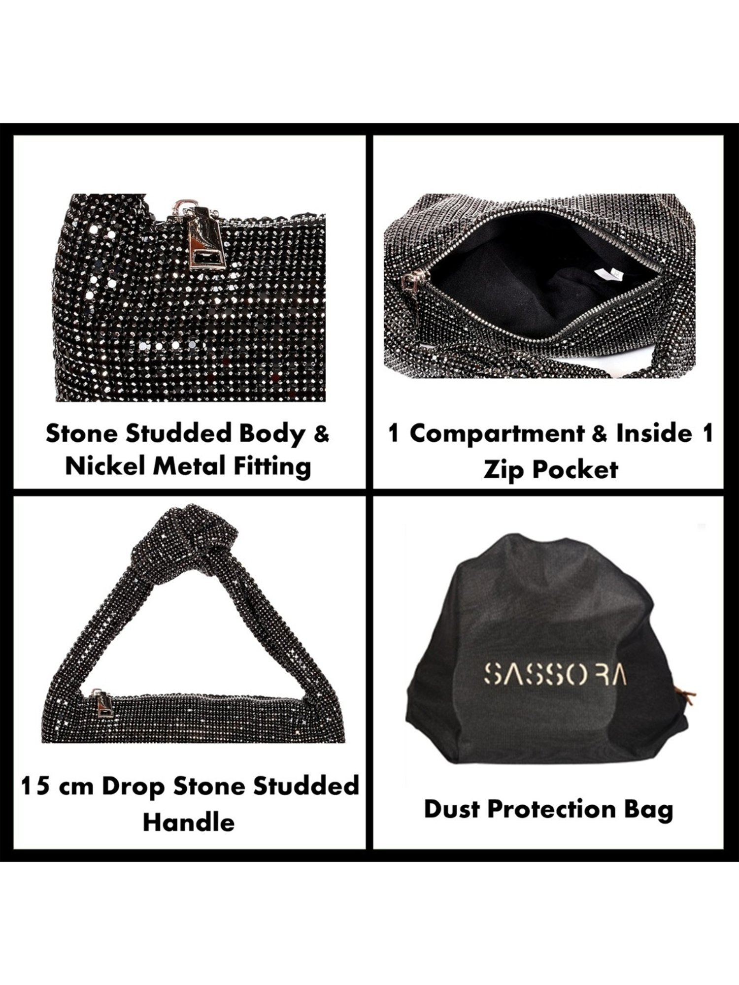 SASSORA RIM Black Leather Embellished small Handbag