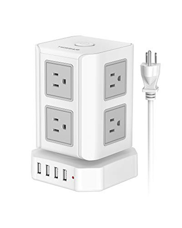 Power Strips Tower, Long Extension Cord 10 ft, TESSAN Surge Protector 8 Widely Spaced AC Outlets 4 USB Ports, Multiple Outlets Charging Station Circuit Breaker Safeguard for Home, Office, School