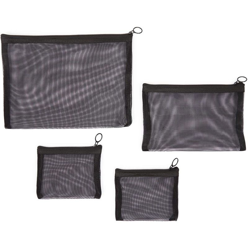 Glamlily 4 Packs Mesh Makeup Bags Set, Zipper Pouches for Cosmetics (Black)