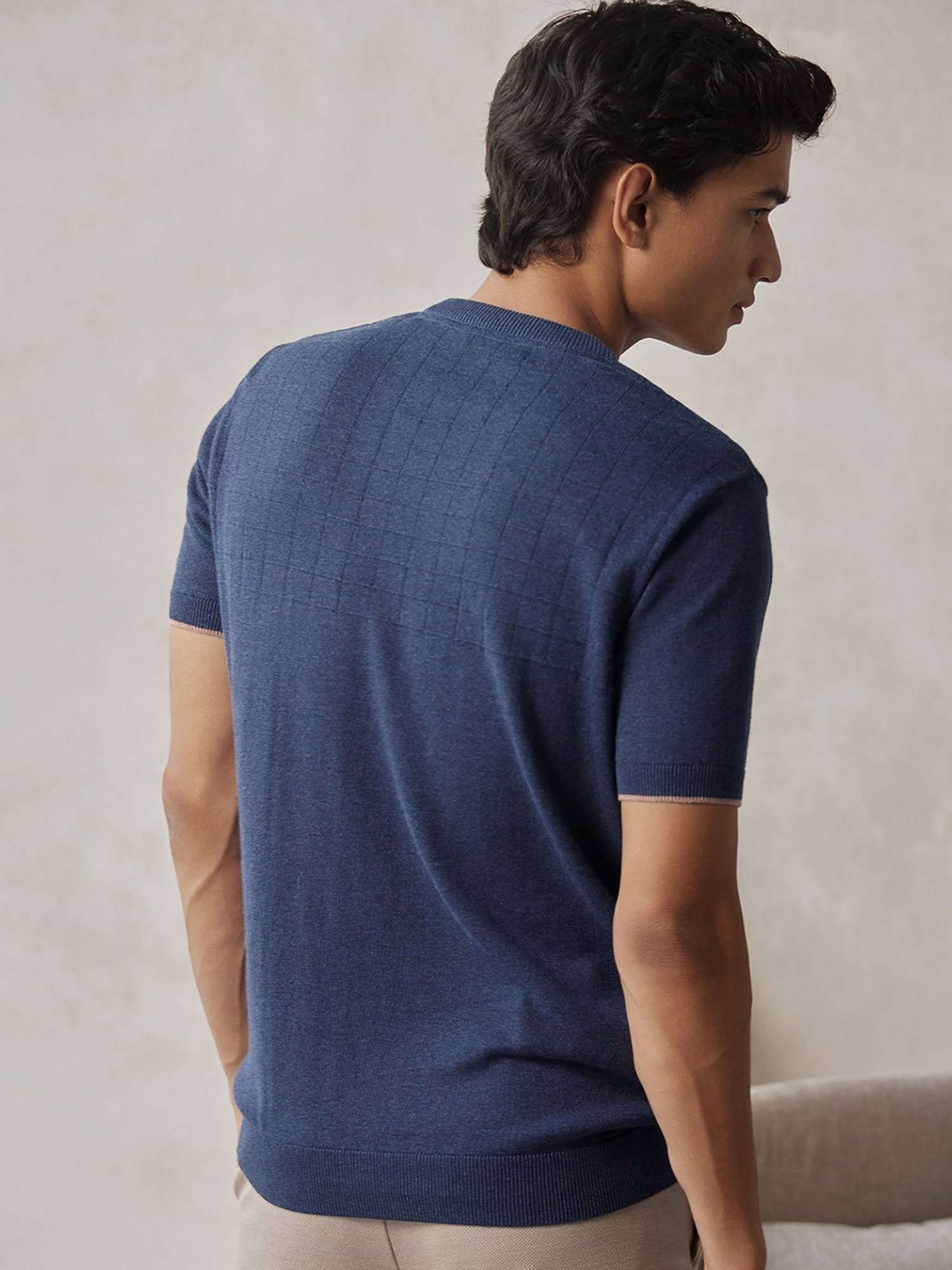 ANDAMEN Navy Regular Fit Textured Cotton Crew T-Shirt