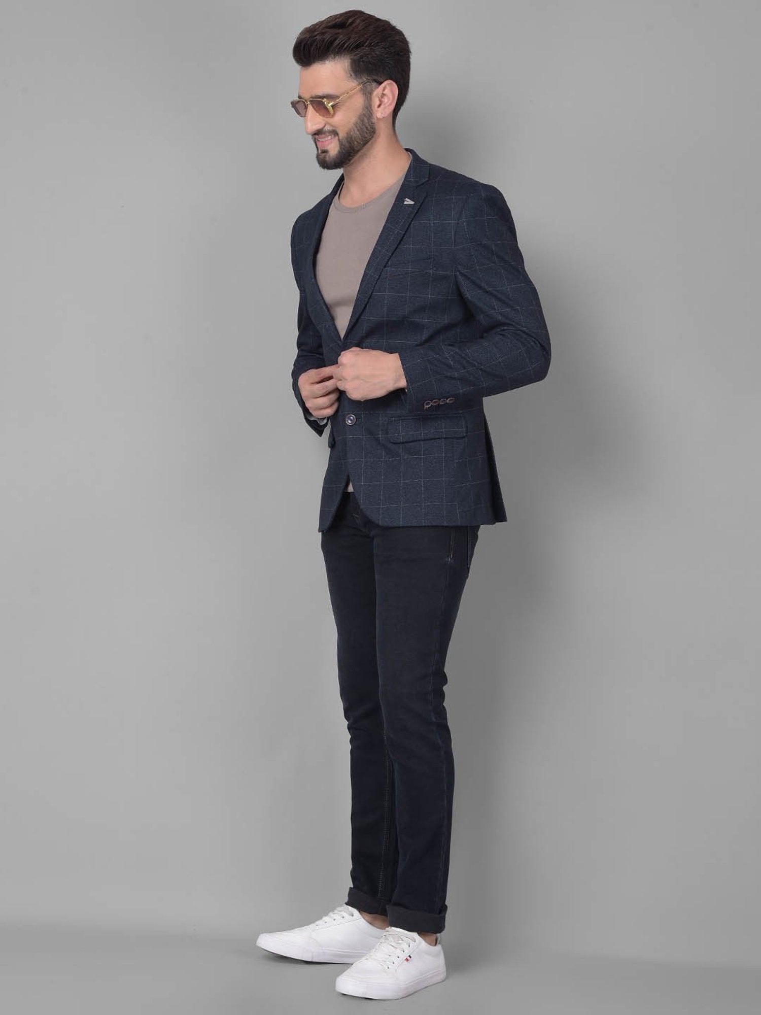 Crimsoune Club Navy Blue Slim Fit Checks Blazer