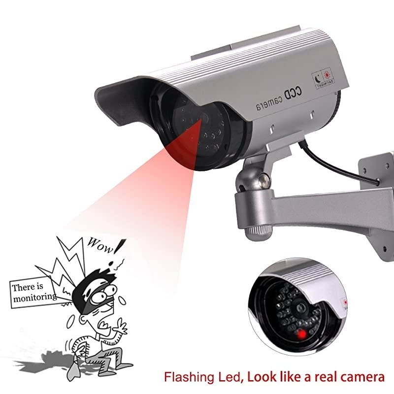 Solar Powered Bullet Dummy Fake Camera Surveillance Security CCTV Dome Camera with Flashing Red LED Light & Warning Security Alert Sticker Decals Outdoor/Indoor Use (1 Pack)