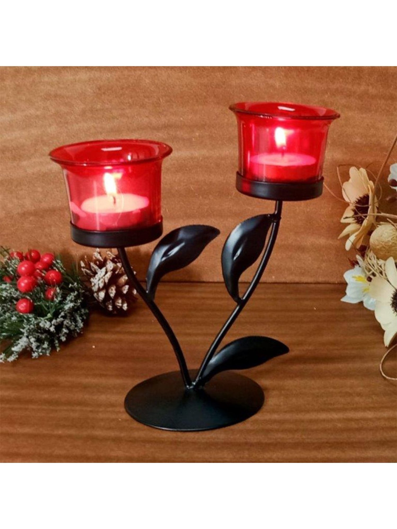 Hosley Black and Red Tealight Candle Holder with Free Tealight Set of - 1