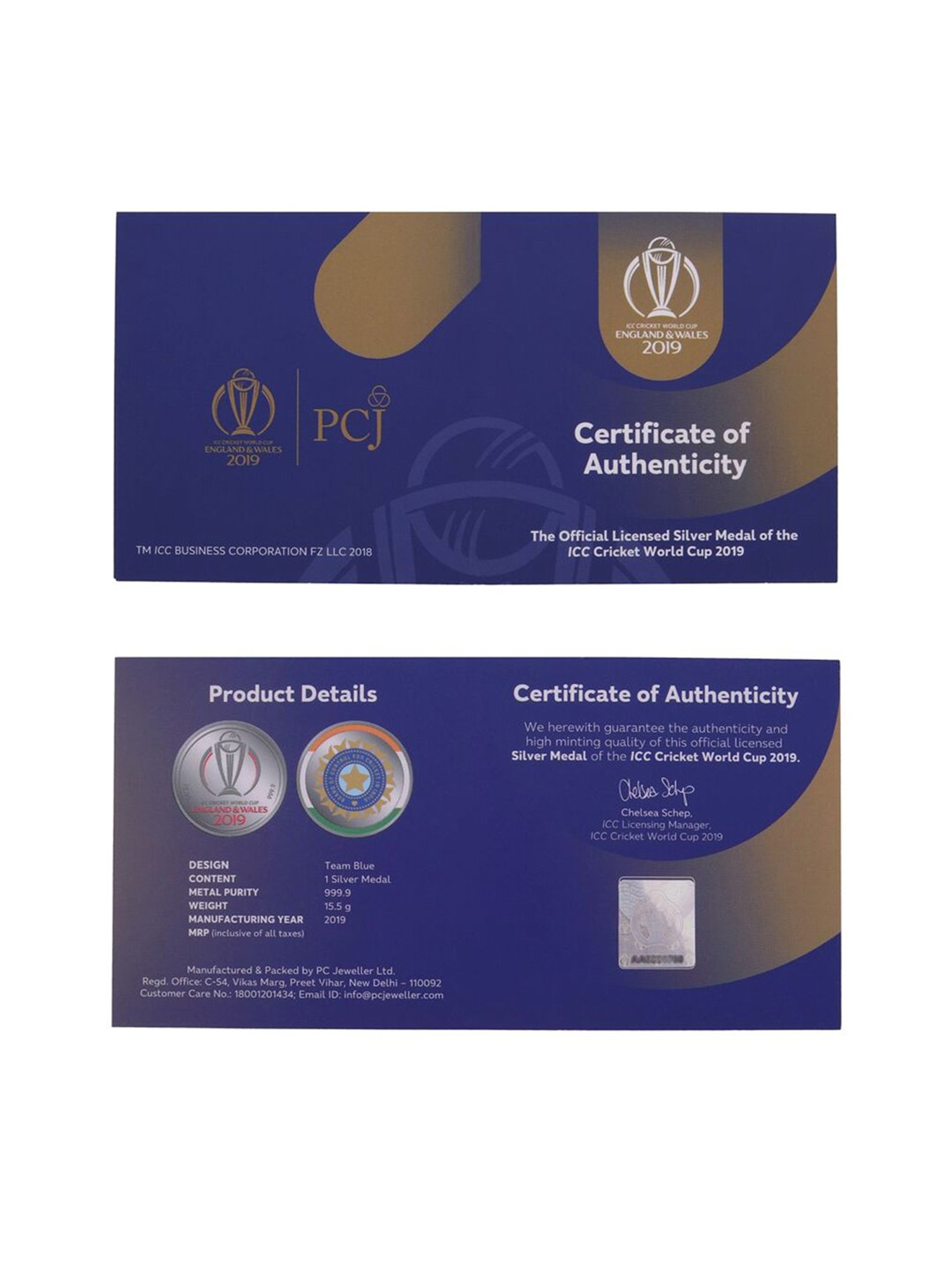 PC Jeweller 24k (999.9) 15.5gm ICC Official World Cup 2019 Team Blue Silver Coin Medal