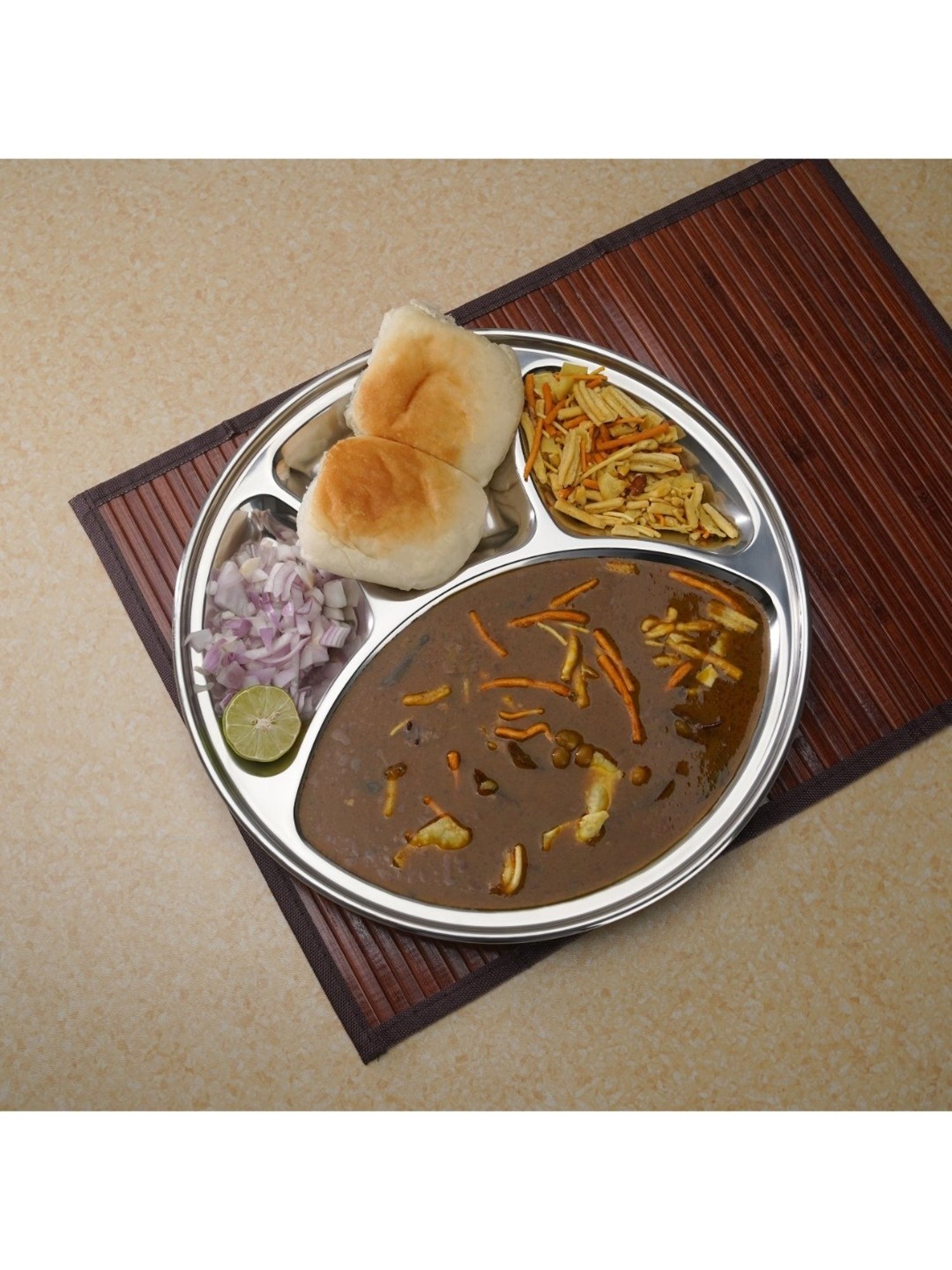 Sumeet Stainless Steel Round 4 in 1 Compartment Lunch / Dinner Plate 1Pc, 32.5cm Dia, Silver