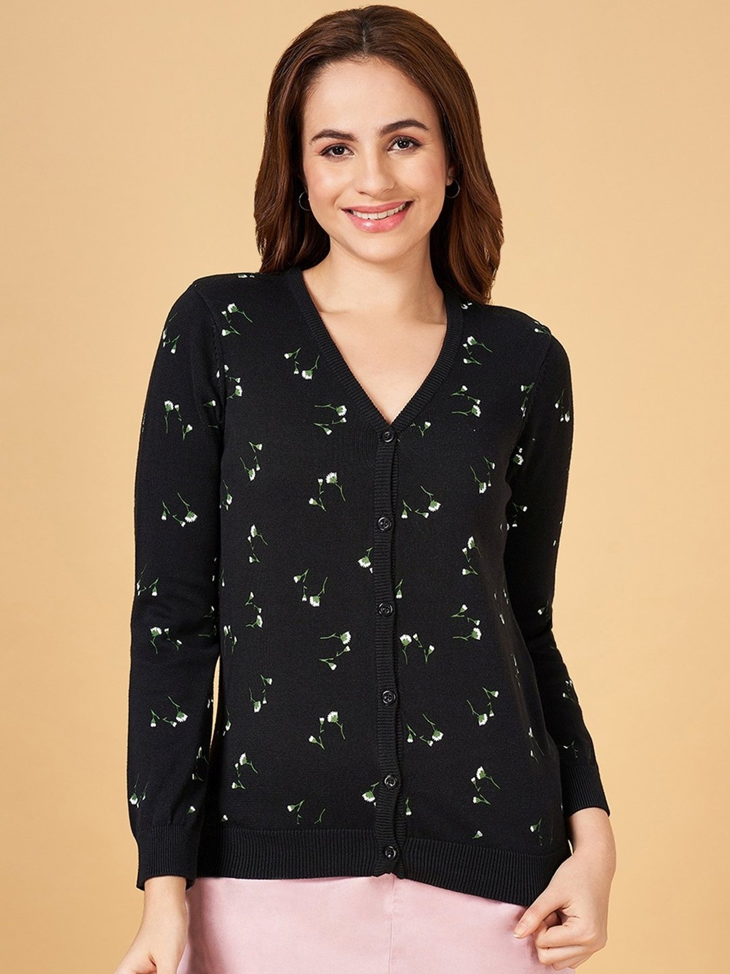 Honey by Pantaloons Black Cotton Floral Print Cardigan