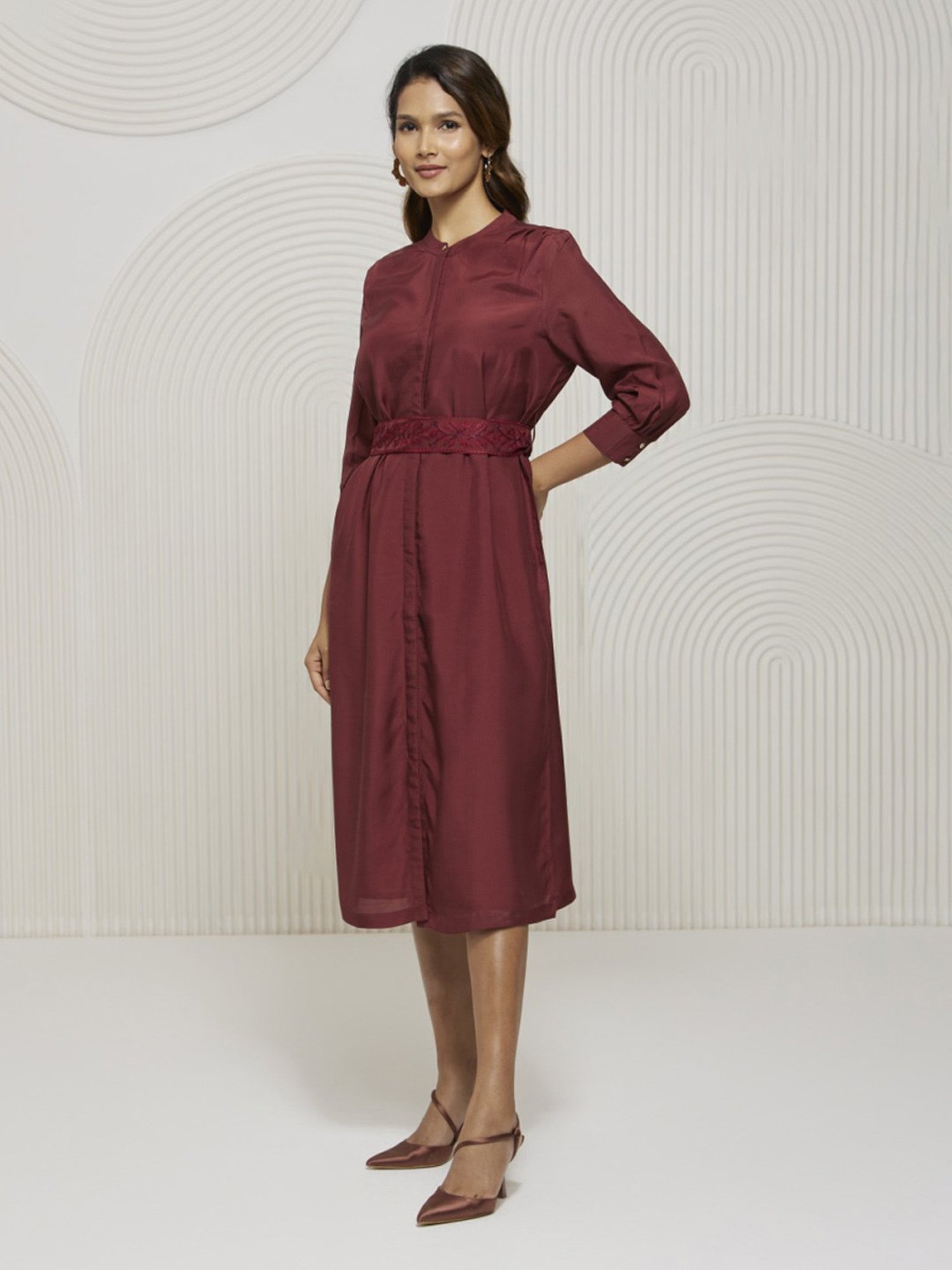 Artagai Tawny Port Shift Dress with Embroidered Belt