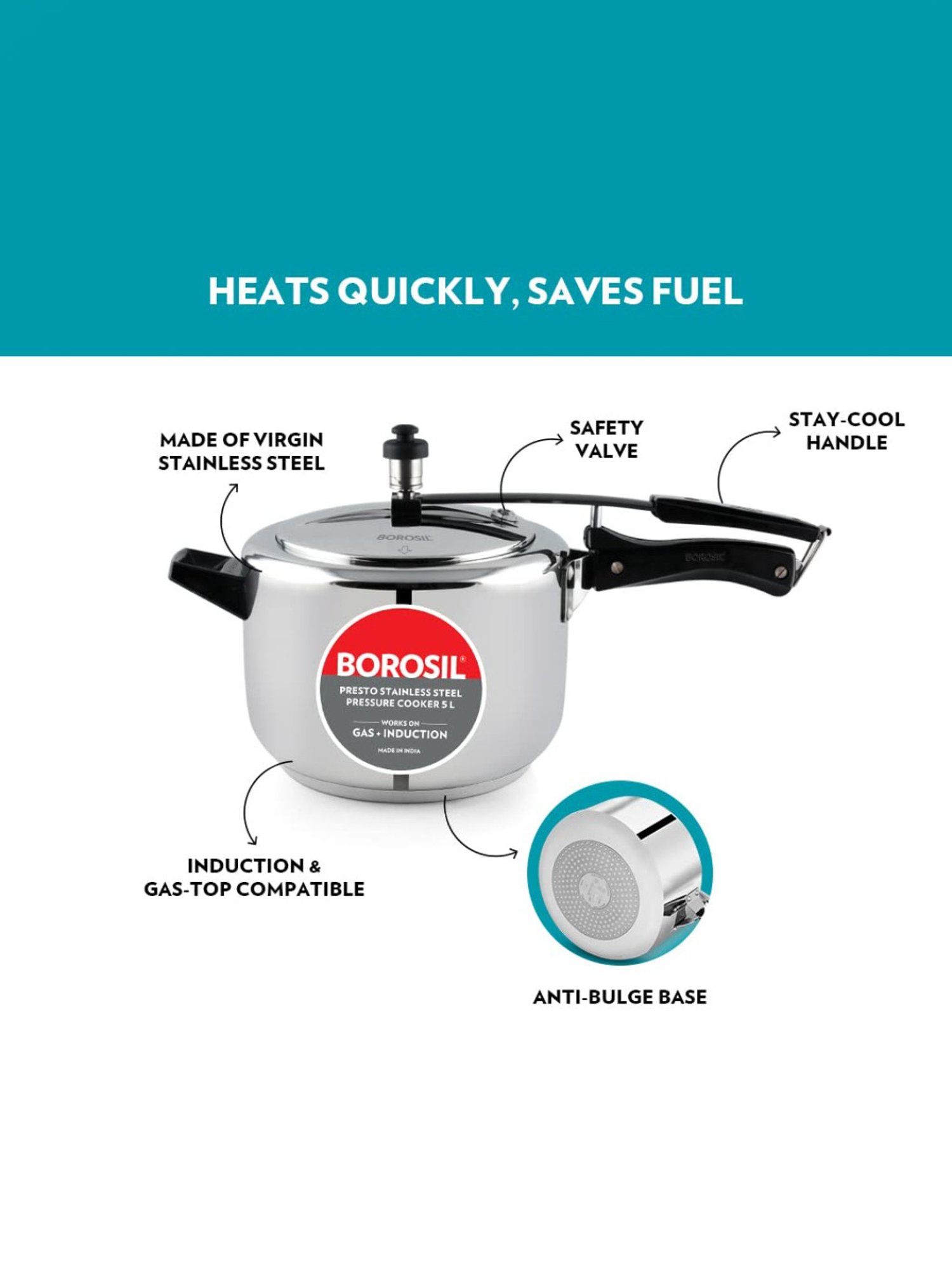 Borosil Presto Pressure Cooker with Induction Base Stainless Steel Inner Lid (Silver,5L)