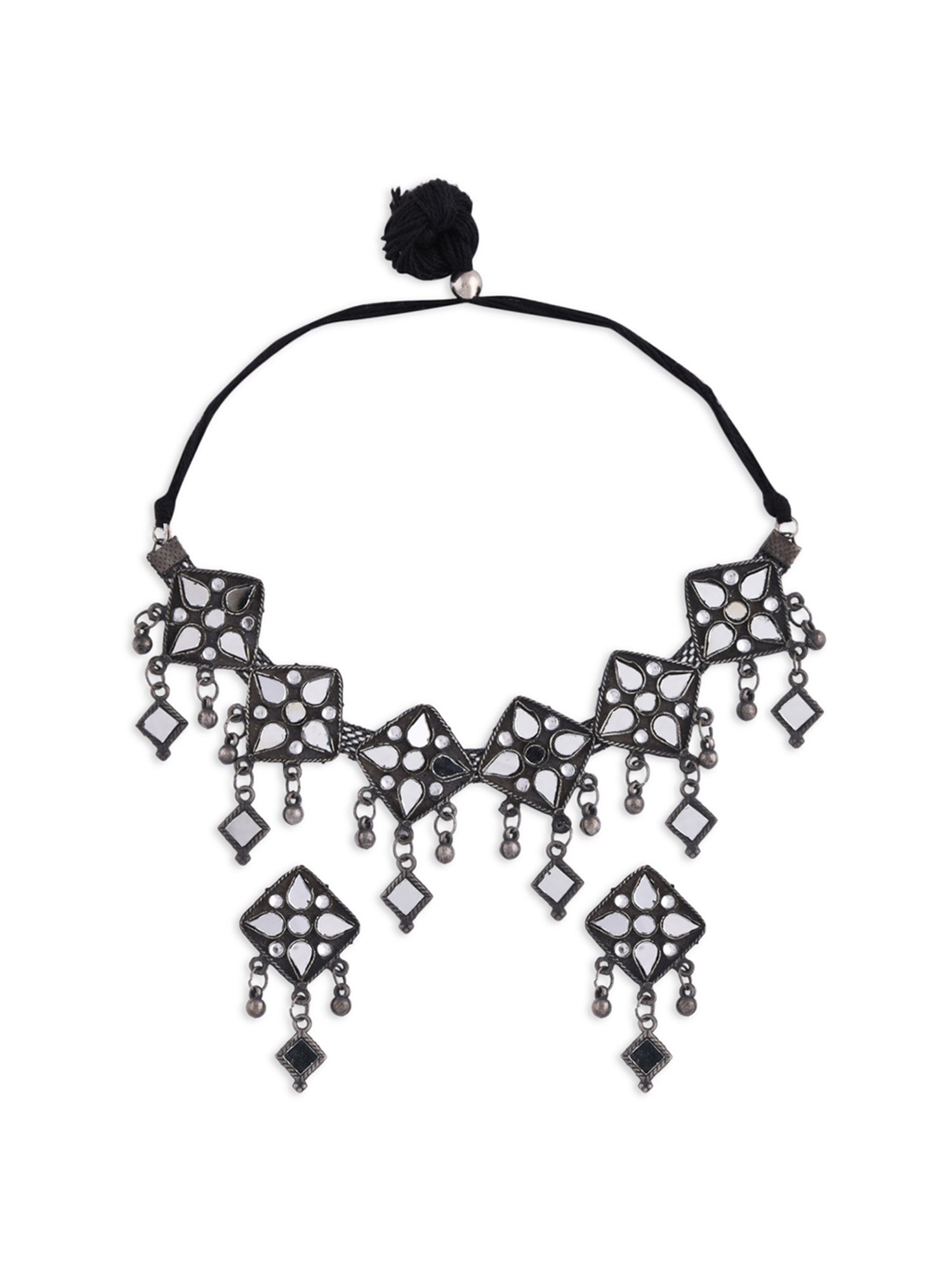 Fida Ethnic Oxidized Silver-Plated Kundan Mirror Necklace Set for Women