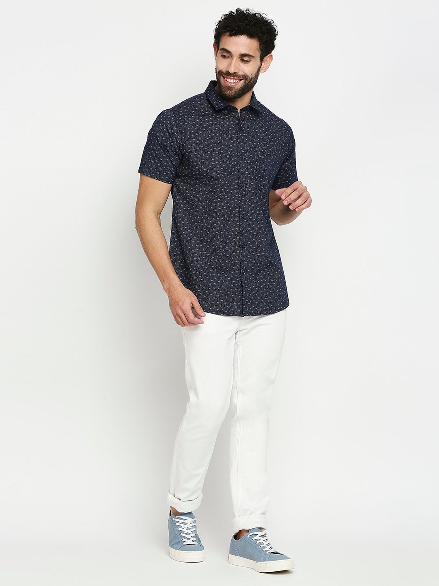 SOLEMIO Navy Slim Fit Printed Shirt